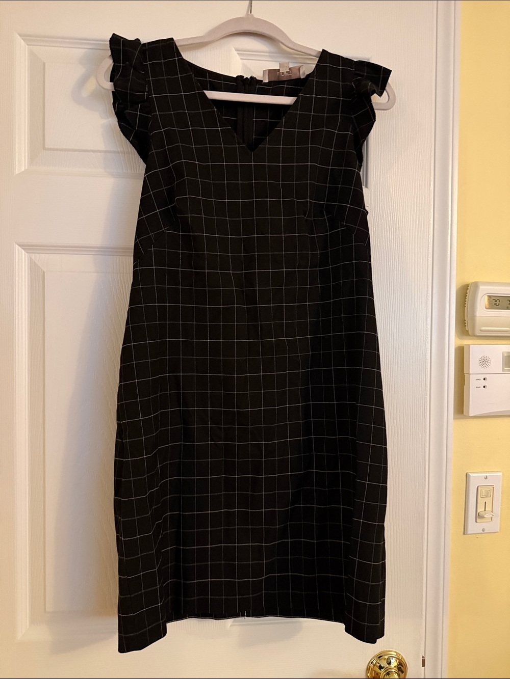 LOFT Black Windowpane Sheath Dress with Ruffle Cap Sleeves